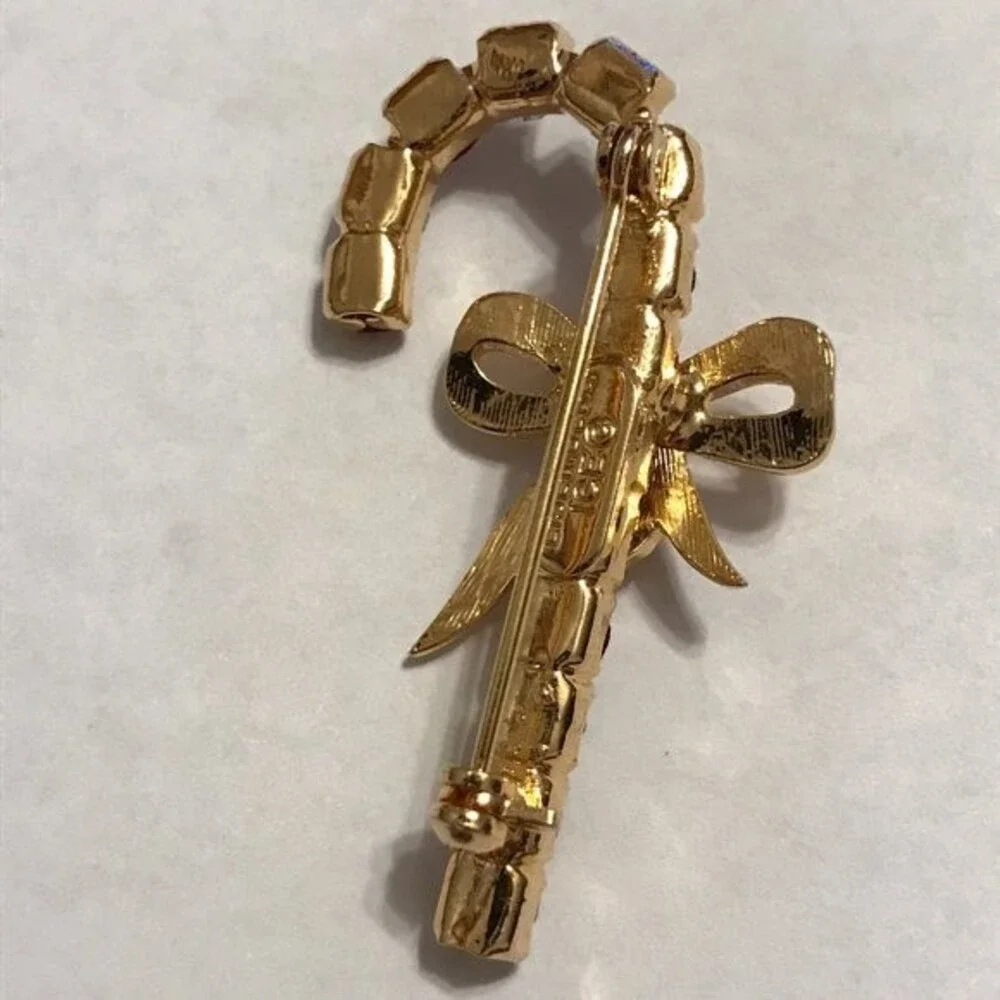 EISENBERG ICE Gold Tone Christmas Holiday Candy Cane VINTAGE Brooch‎ Rhinestones